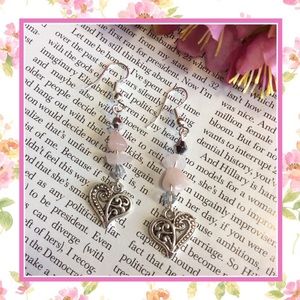 🌸PINK ROSE QUARTS HEART EARRINGS BOHO DANGLE DROP